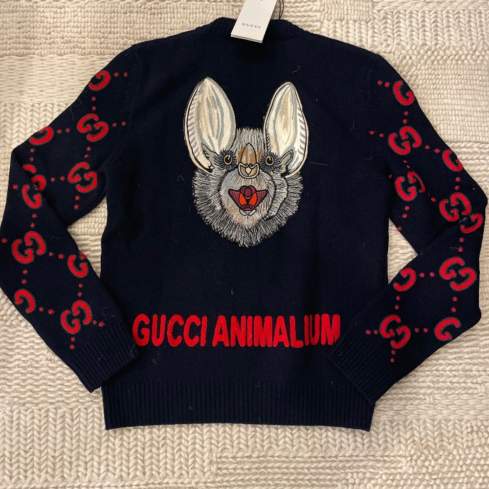 Gucci Navy Crewneck Sweater with Red Logo and Animal Patch